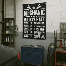 Funny Mechanic Hourly Rate Banner Sign – 21x36 Inch Garage Decor with Grommets