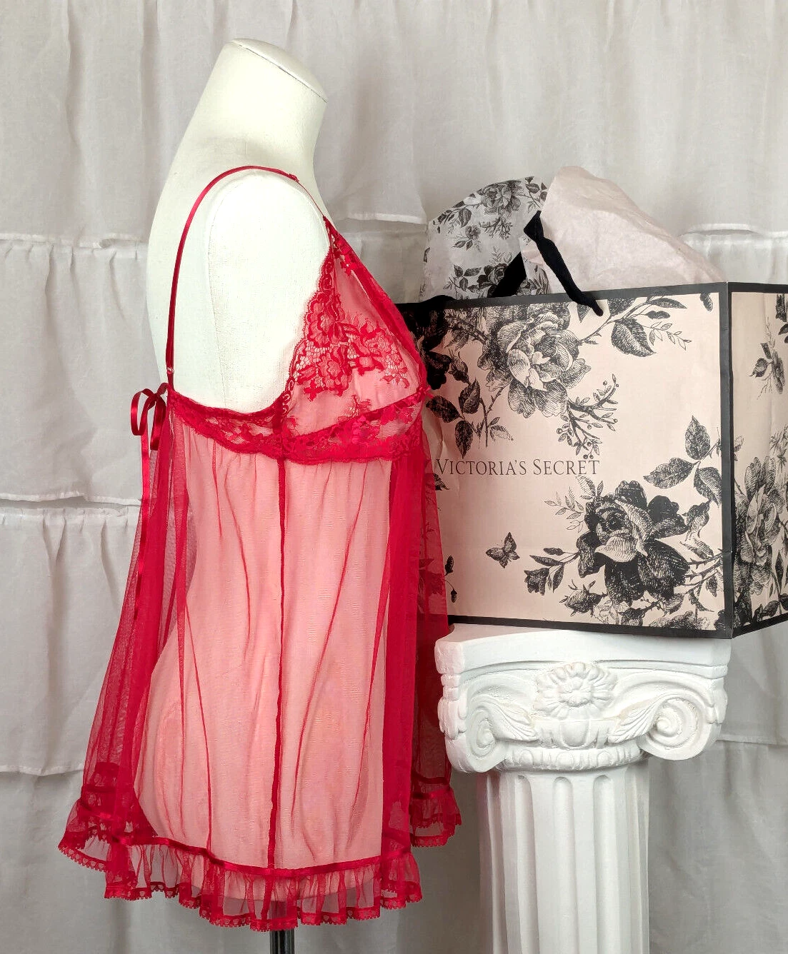 UNDERCOVER VICTORIA'S SECRET Vintage Y2K Rosso Pizzo Babydoll Vestito Slip Chiffon Trasparente Taglia M