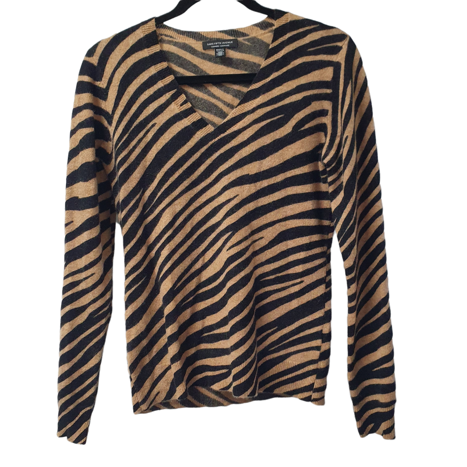 Saks Fifth Avenue 100% Cashmere Womens Tiger Animal Print V Neck Sweater  Small | eBay