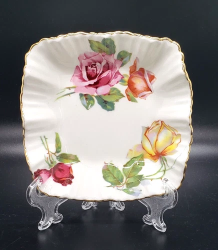 Hammersley Bone China Trinket Candy Dish ~ 4" Square ~ Ruffled Sides ~ Roses