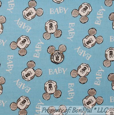 BonEful Fabric FQ Cotton Quilt White Blue Gray Baby Face VTG Mickey Mouse Disney