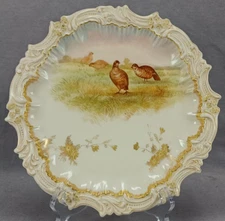 T&V Limoges Gamebirds Raised Gold Floral Scrollwork Border 9 1/2 Inch Plate A