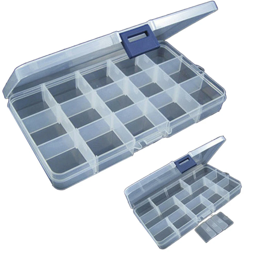 15 Slots Adjustable Plastic Fishing Lure Hook Tackle Box Storage Case  Organizer