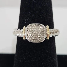 Sterling Silver 925 Two-Tone Pavé Diamond Accent Cushion Ring Size 7 - 4.25g
