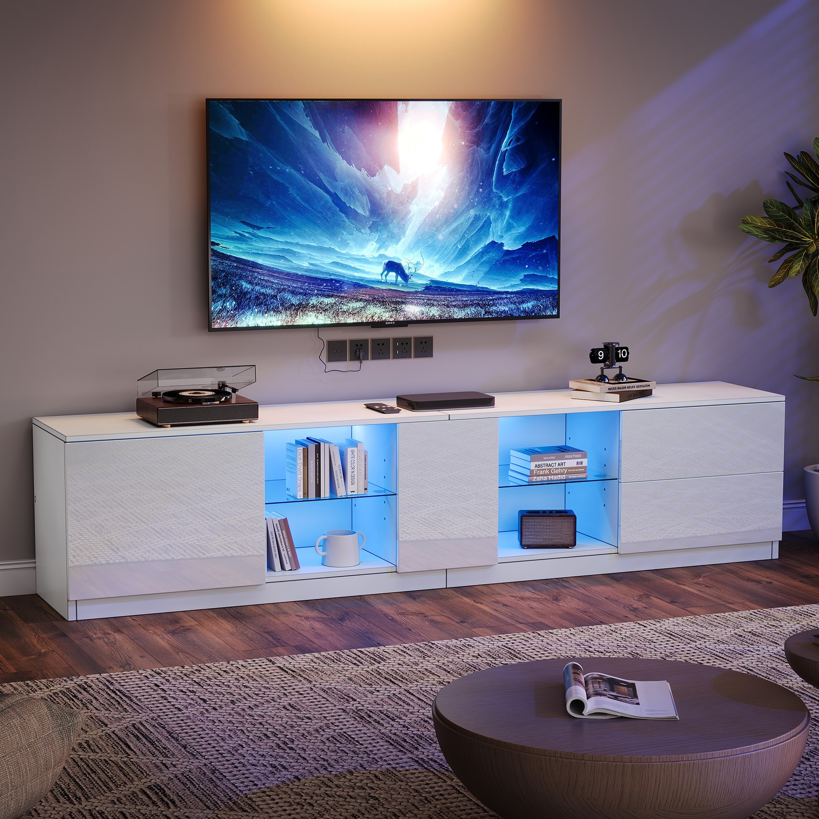Meuble TV 160cm blanc brillant avec niches de rangement et bandeau lumineux