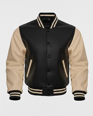 Black Varsity Letterman Wool Body Cream Leather Sleeves Baseball Bomber Jacket