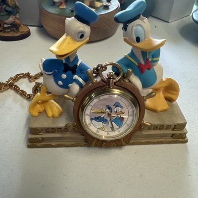 Disney Donald Duck 65th Anniversary Pocket Watch & Statue Figure Display 