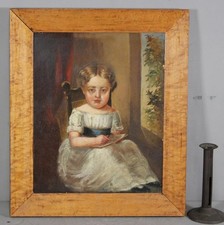 RARE 19TH C AMERICAN FOLK ART OIL ON WOOD PANEL PORTRAIT OF A PRETTY YOUNG GIRL