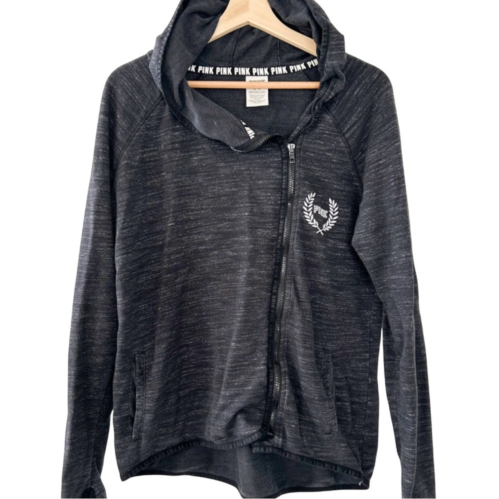 PINK Victoria's Secret Women's Black Heathered Hoodie Asymmetrical Side zip