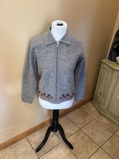 Karen Scott Pure Wool Sweater Full Zip Jacket with Floral Embroidered Accents
