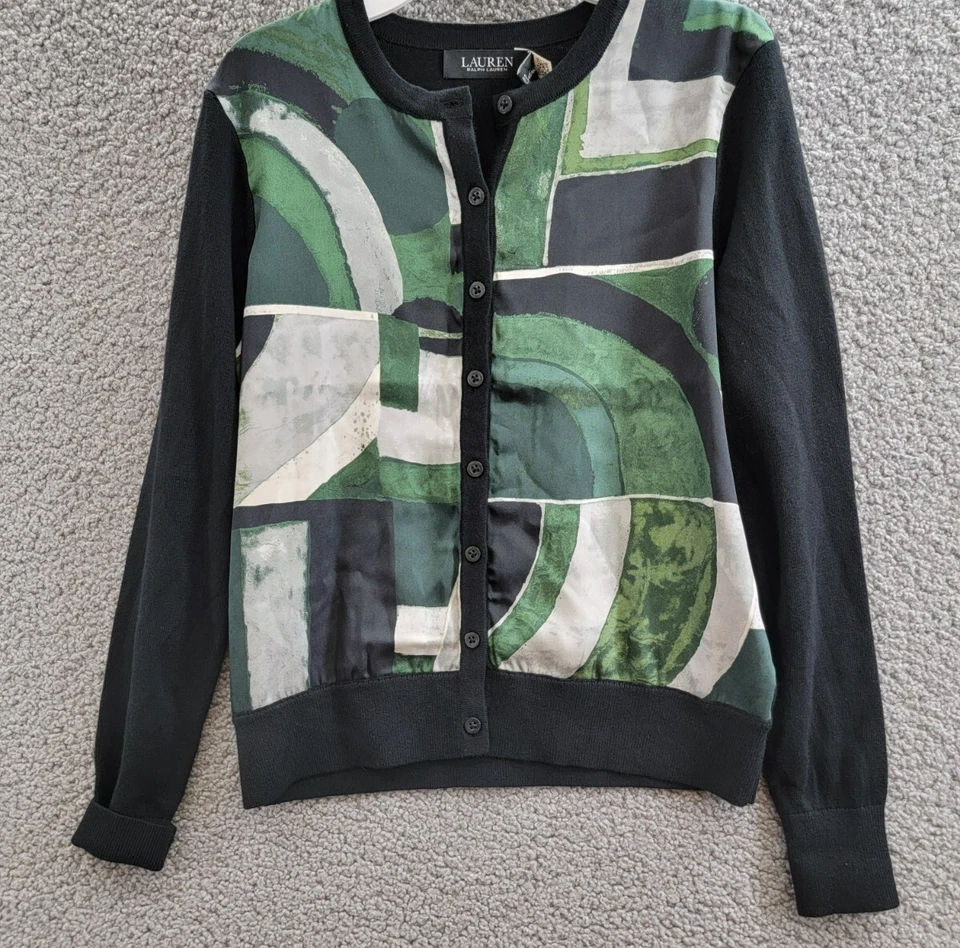 Cárdigan Lauren Ralph Lauren Petite Geo-Print para Mujer PS Negro Multi Botón Frontal Foto 2 de 4