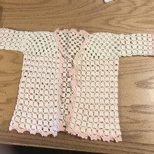Vintage Crocheted Baby Sweater PinkWhite