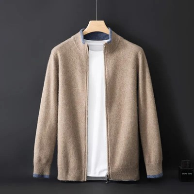 Men's Winter 100% Wool Stand-up Collar Sweater Thick Zip Cardigan Knitted Tops
