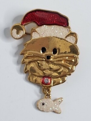 Mischievous Cat Kitten Glitter Fish Collar Humor Christmas Vintage Pin Brooch
