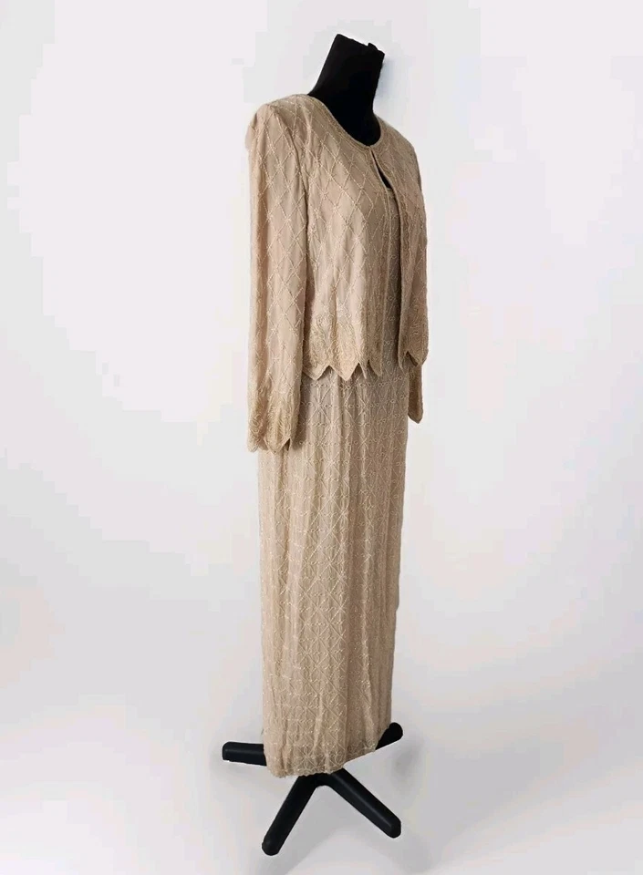 Adrianna Papell Ocasiones Crema Cuentas Seda Slip Vestido Vestido y Chaqueta Talla 10 Foto 2 de 4