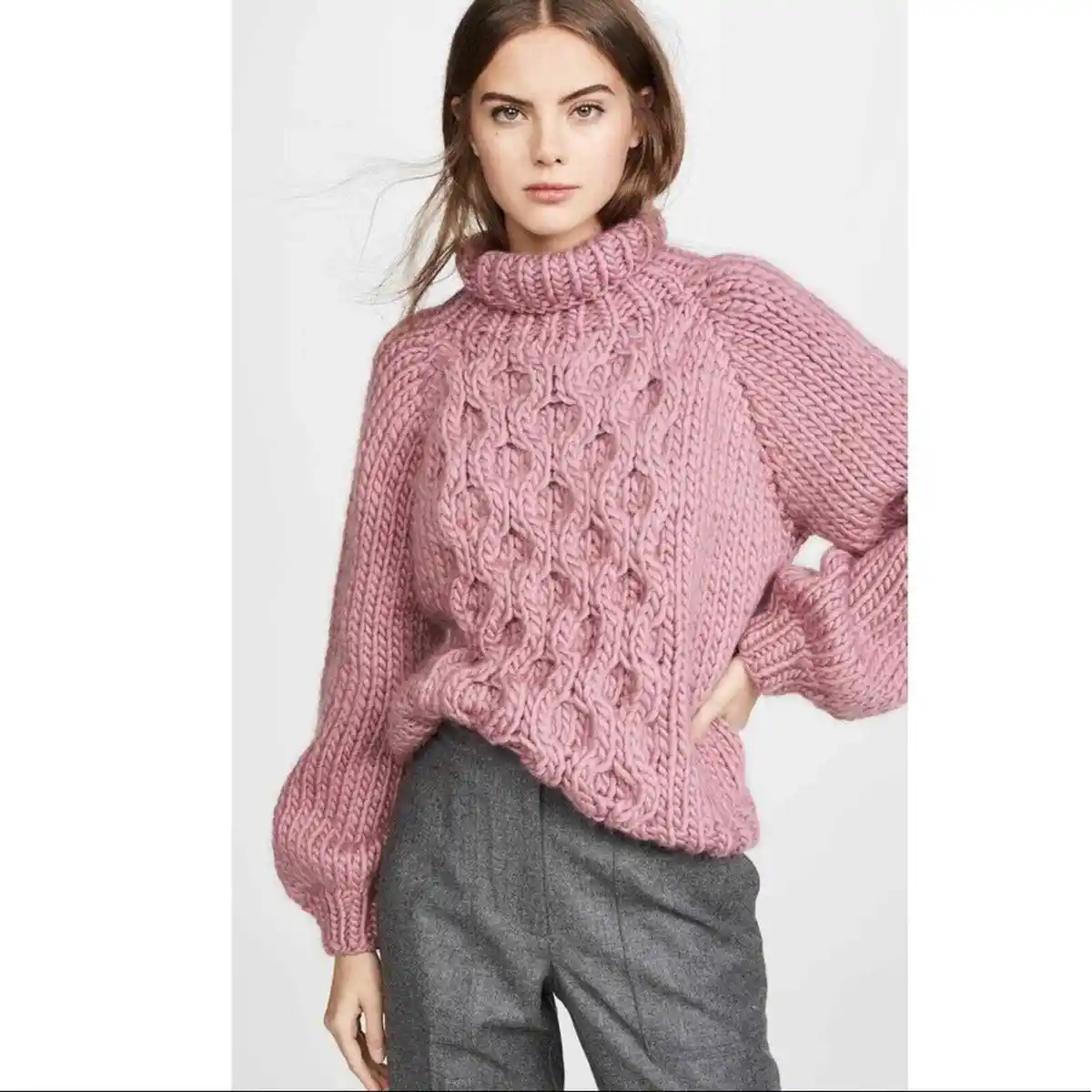 NEW I Love Mr. Mittens Honeycomb High Neck Cable Knit Wool Sweater in Rose