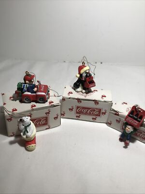 4 COKE-COLA ORNAMENT 1997 CAVANAGH'S SOCIETY MINIelf CRATE, DOG,CAR POLAR BEAR ￼
