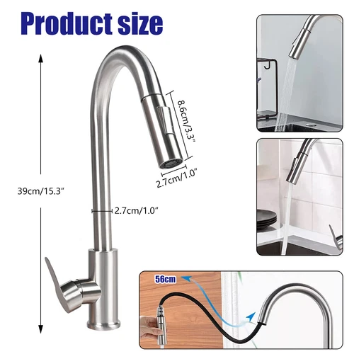 Silver Kitchen Faucet Extendable Shower Faucet Kitchen 360° Sink Faucet UK - Picture 3 of 14