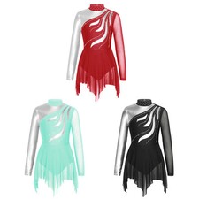 Girls Shiny Rhinestone Long Sleeve Gymanstics Leotard Figure Ice Skating Dress