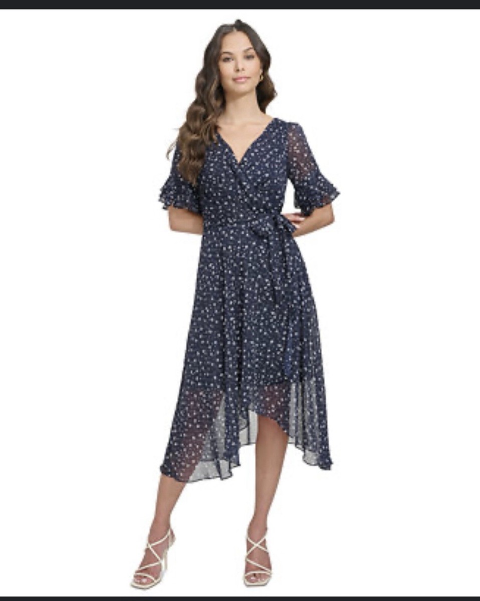 dkny printed tie neck midi dress