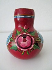 Hand Painted Handmade Red Gourd Vase Floral Design 6.5" Vintage AZ23