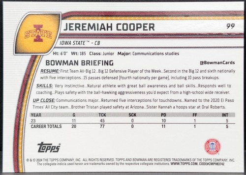 2024 Bowman University cromo refractor fucsia #99 Jeremiah Cooper SN150/150 - Imagen 2 de 2