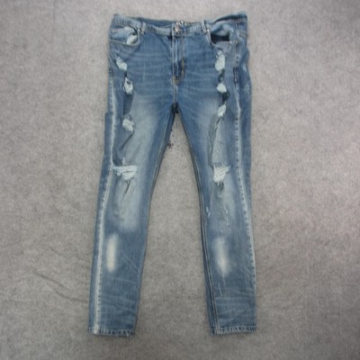 DSTR Premium Disaster Jeans Mens 40 Blue Distressed Ripped Slim