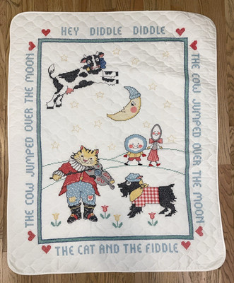 JCA Baby Collection~Hey Diddle Diddle~Handmade Cross Stitch Blanket Crib Cover