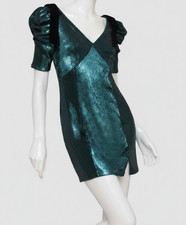 Avec Les Filles Women's Green Sequins V-Neck Puff Sleeve Bow Trim Dress Size 6