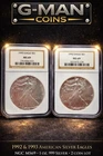 1992 & 1993 AMERICAN SILVER EAGLES NGC MS69 • 1 OZ .999 SILVER • 2 COIN LOT