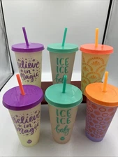 Set of 6 TAL Color Changing Plastic Cup Tumbler and Straw 24 oz