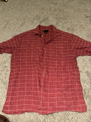 Cezani Shirt Mens Large Linen Cotton Short Sleeve Lines Button Up  Red Button Up