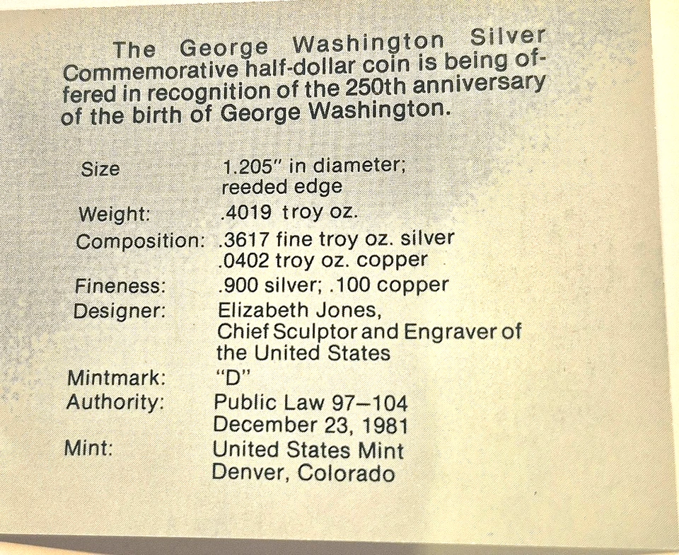 1982-D George Washington 1/2 Dollar 90% Silver Commemorative BU (Box & COA) - Image 4 of 4
