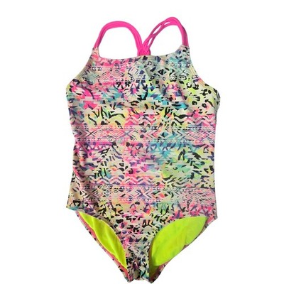 Mambo Swimsuit Girls 14 Multicolor Neon Aztec Strappy One Piece Surf Boho Y2K