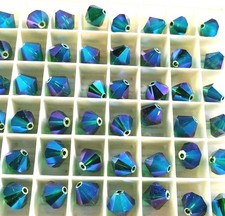 Vintage Swarovski 5301 8mm bicone beads, Medium Emerald AB2X 8pcs 