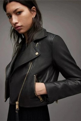 Women's Black Cropped Slim Fit Biker Style Moto Real Lambskin Leather Jacket