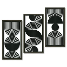 Modern Minimalist Wall Art Set of 3, Black and Gray MDF Cut-Out Geometric Lin...