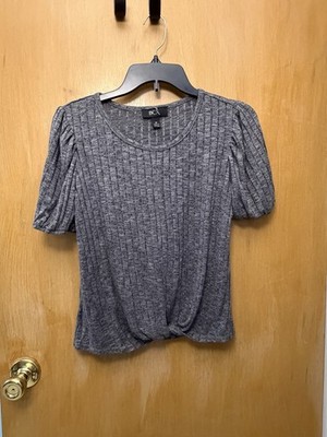 BCX Gray Ribbed Puff Sleeve Twist Front Top Size Medium