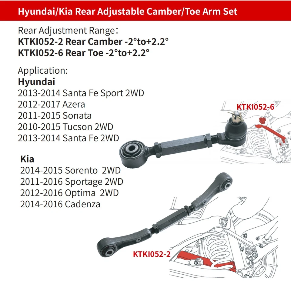 LYKT 4pcs Alignment Rear Camber&Toe Adjustable Arms for Hyundai  2WD、Kia 2WD - Изображение 2 из 4