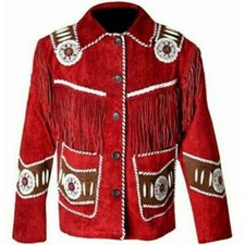 Mens Western Wear Suede Leather Cowboy Fringe Shirt Style  American Red Jacket