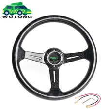 14INCH Real Carbon Fiber Racing 3" Deep Dish Steering Wheel Black w/ Horn Button