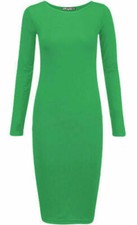 Ladies Womens Long Sleeve Stretch Bodycon Plain Jersey Midi Dress 8-26