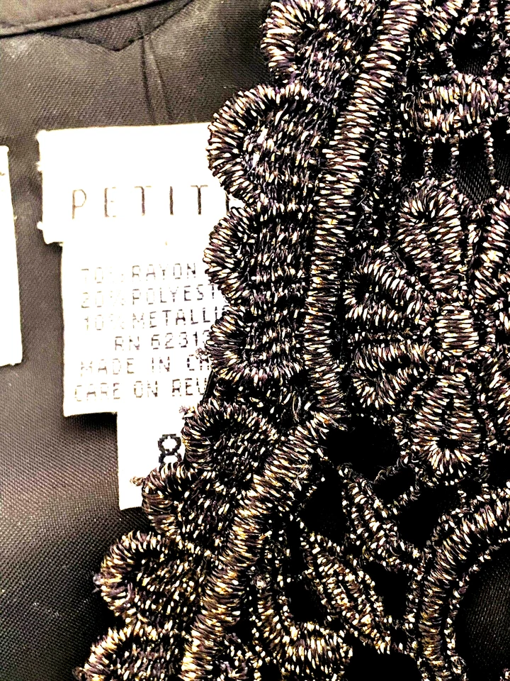 Vintage Black Tie Oleg Cassini Jacket Black Gold Metallic Lined Size 8 Petite - Image 4 of 4