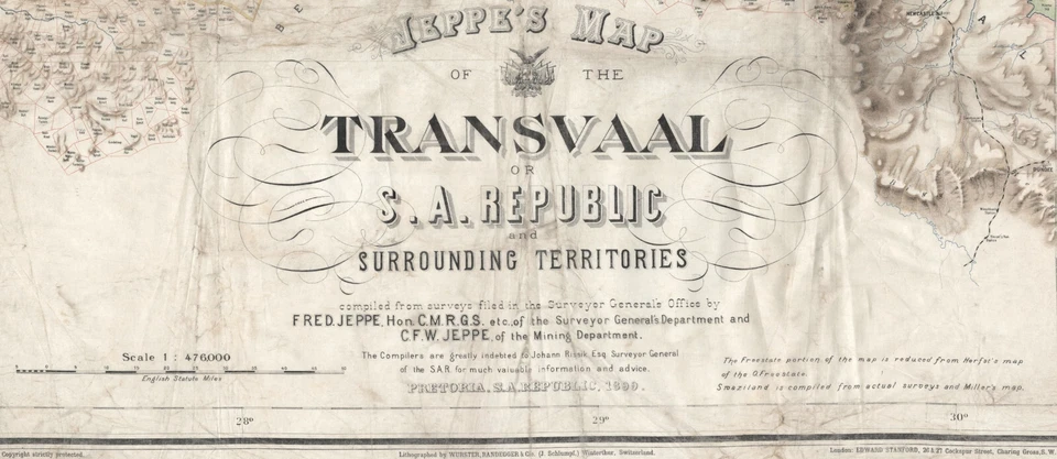Mapa antiguo "Mapa de Jeppe de la República Transvaal o S.A." (Sudáfrica) 1899 Foto 3 de 4