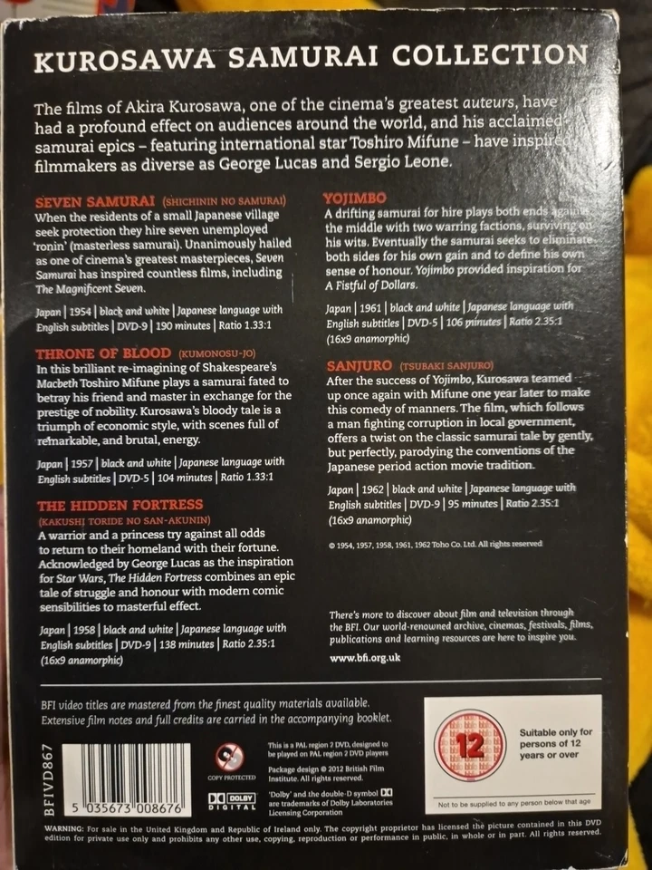 AKIRA KUROSAWA SAMURAI COLLECTION DVD BFI 5 FILM BOX SET TOSHIRO MIFUNE SANJURO - Image 2 of 3