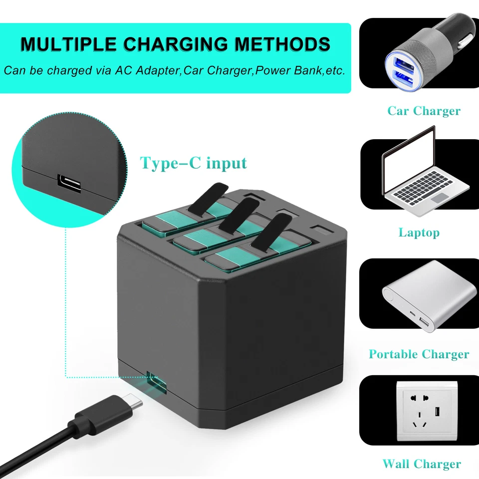 3× 1480mAh Akku AHDBT-501 601 701+ 3-Slot Ladegerät Für GoPro Hero 8 7 6 5 Black - Bild 4 von 4