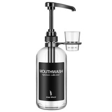 Glass Mouthwash Dispenser with Pump and Cup Holder for Bathroom Clear