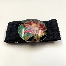 Vintage Cloisonn Enamel Red Pink Lotus Flower Belt Buckle Elastic Black Belt