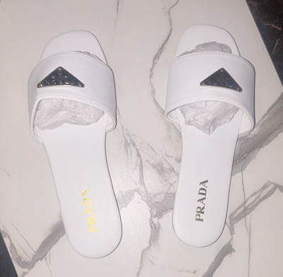 PRADA Women's White Patent Leather Logo Slide Sandals Flat Slip-On US 7