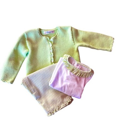 BONPOINT BABY GIRL BOY UNISEX 3 PIECE CARDIGAN GINGHAM PANTS TOP 9-12 Months